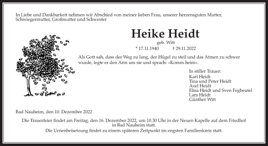Traueranzeige von Heike Heidt von Wetterauer Zeitung