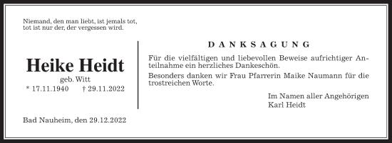 Traueranzeige von Heike Heidt von Wetterauer Zeitung