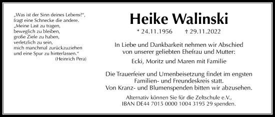 Traueranzeige von Heike Walinski von Giessener Anzeiger, Giessener Allgemeine, Alsfelder Allgemeine
