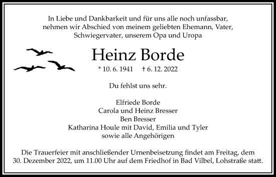 Traueranzeige von Heinz Borde von Bad Vilbel/Karben