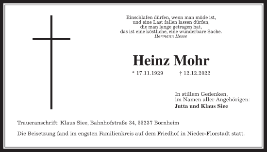 Traueranzeige von Heinz Mohr von Wetterauer Zeitung