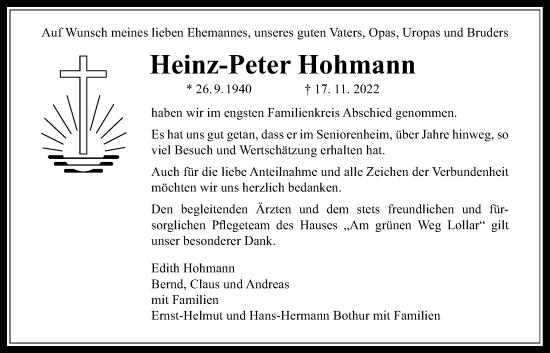 Traueranzeige von Heinz-Peter Hohmann von Giessener Anzeiger, Giessener Allgemeine, Alsfelder Allgemeine