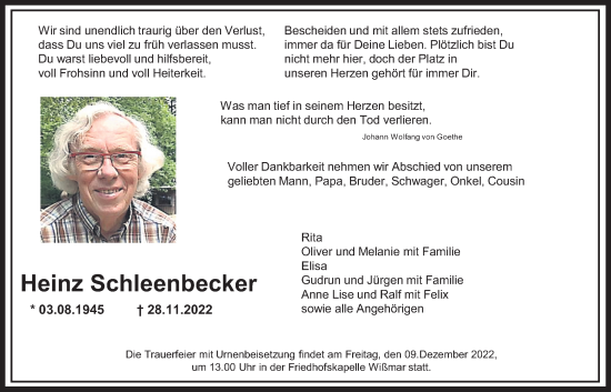 Traueranzeige von Heinz Schleenbecker von Giessener Anzeiger, Giessener Allgemeine, Alsfelder Allgemeine