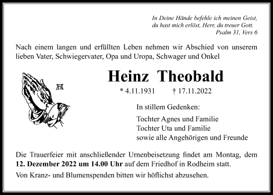 Traueranzeige von Heinz Theobald von Licher Wochenblatt