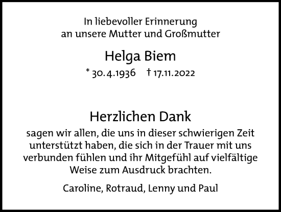 Traueranzeige von Helga Biem von Giessener Allgemeine, Alsfelder Allgemeine, Giessener Anzeiger