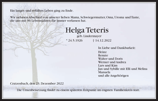 Traueranzeige von Helga Teteris von Usinger Anzeiger