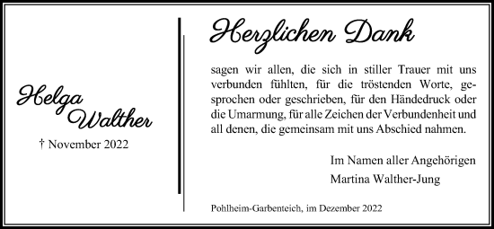 Traueranzeige von Helga Walther von Pohlheimer Nachrichten