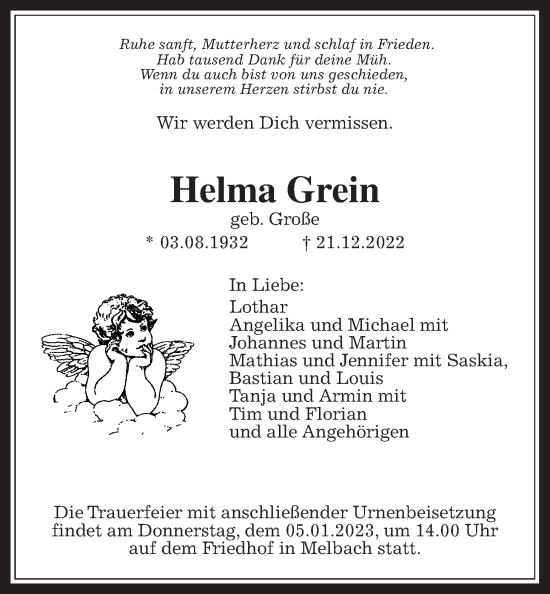 Traueranzeige von Helma Grein von Wetterauer Zeitung