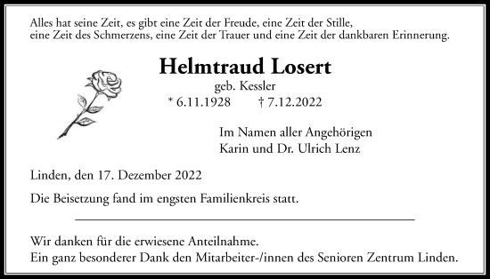 Traueranzeige von Helmtraud Losert von Giessener Allgemeine, Alsfelder Allgemeine, Giessener Anzeiger