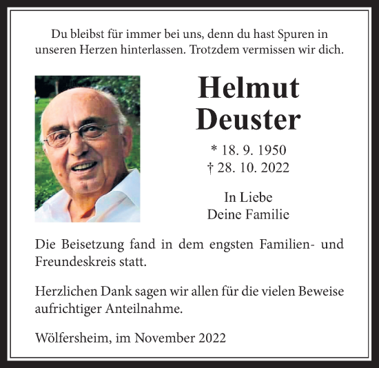 Traueranzeige von Helmut Deuster von Wetterauer Zeitung