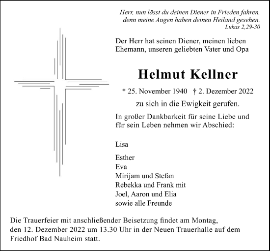 Traueranzeige von Helmut Kellner von Wetterauer Zeitung