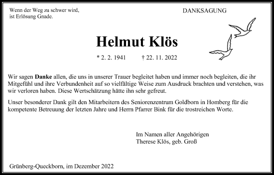 Traueranzeige von Helmut Klös von Giessener Allgemeine, Alsfelder Allgemeine, Giessener Anzeiger