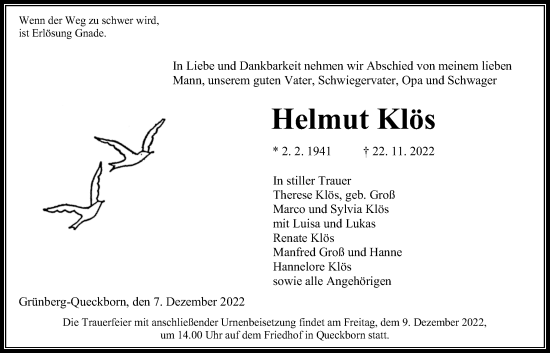 Traueranzeige von Helmut Klös von Giessener Allgemeine, Alsfelder Allgemeine