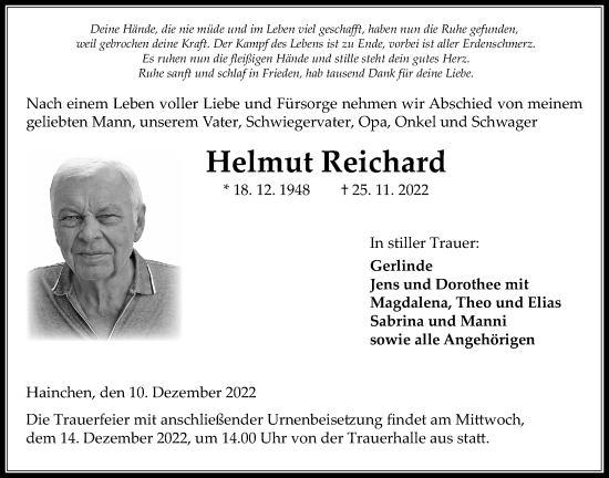 Traueranzeige von Helmut Reichard von Kreis-Anzeiger