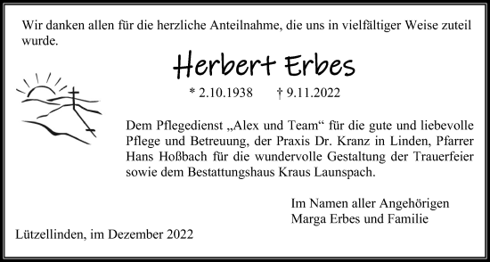 Traueranzeige von Herbert Erbes von Giessener Allgemeine, Alsfelder Allgemeine, Giessener Anzeiger