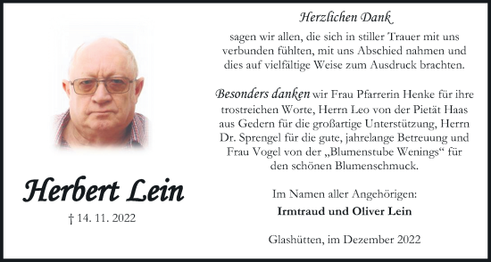 Traueranzeige von Herbert Lein von Kreis-Anzeiger