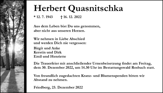 Traueranzeige von Herbert Quasnitschka von Wetterauer Zeitung