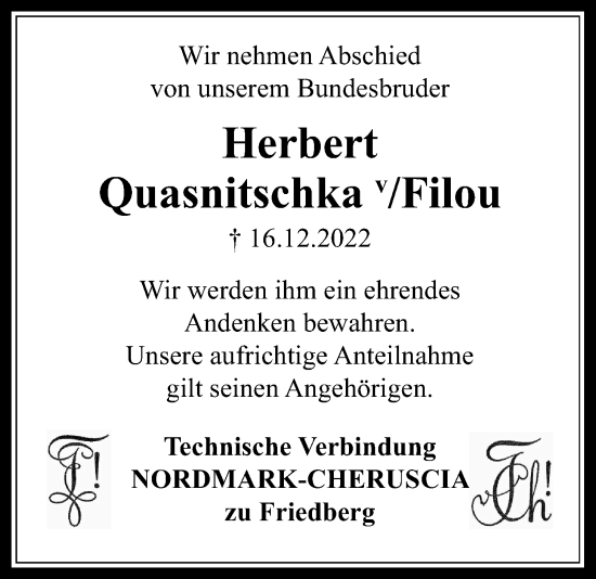 Traueranzeige von Herbert Quasnitschka von Wetterauer Zeitung