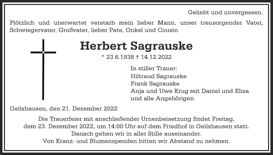 Traueranzeige von Herbert Sagrauske von Giessener Allgemeine, Alsfelder Allgemeine, Giessener Anzeiger