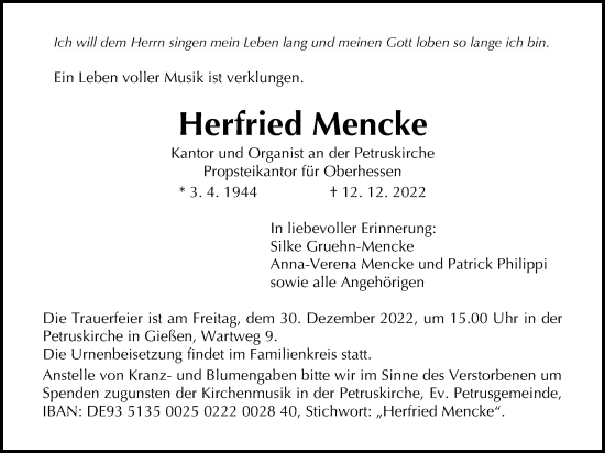 Traueranzeige von Herfried Mencke von Giessener Allgemeine, Alsfelder Allgemeine, Giessener Anzeiger