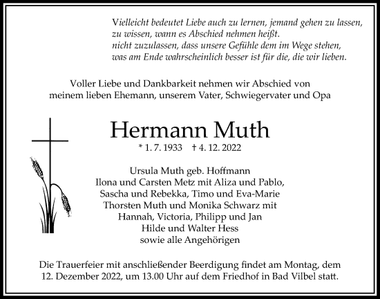 Traueranzeige von Hermann Muth von Bad Vilbel/Karben