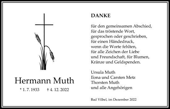 Traueranzeige von Hermann Muth von Bad Vilbel/Karben