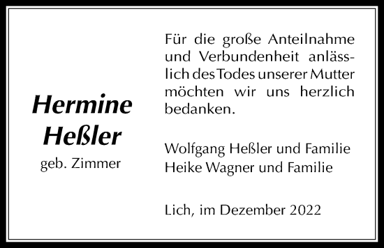 Traueranzeige von Hermine Heßler von Licher Wochenblatt