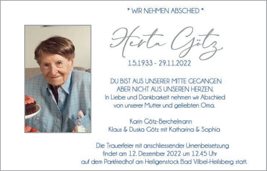 Traueranzeige von Herta Götz von Bad Vilbel/Karben