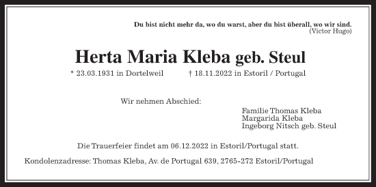 Traueranzeige von Herta Maria Kleba von Bad Vilbel/Karben