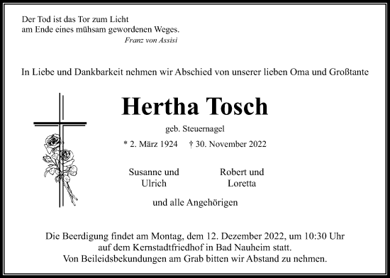 Traueranzeige von Hertha Tosch von Wetterauer Zeitung
