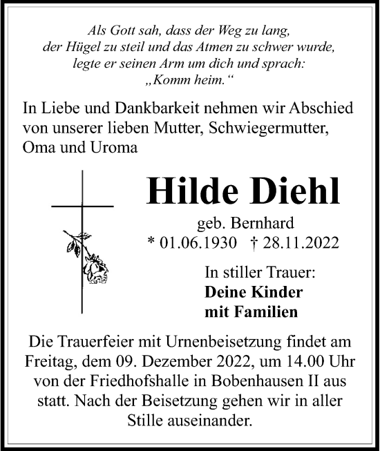 Traueranzeige von Hilde Diehl von Alsfelder Allgemeine