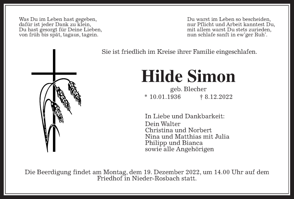  Traueranzeige für Hilde Simon vom 14.12.2022 aus Wetterauer Zeitung