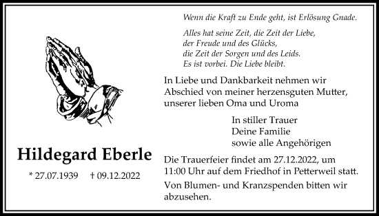 Traueranzeige von Hildegard Eberle von Bad Vilbel/Karben