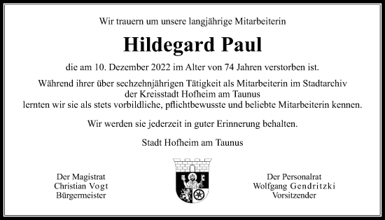 Traueranzeige von Hildegard Paul 