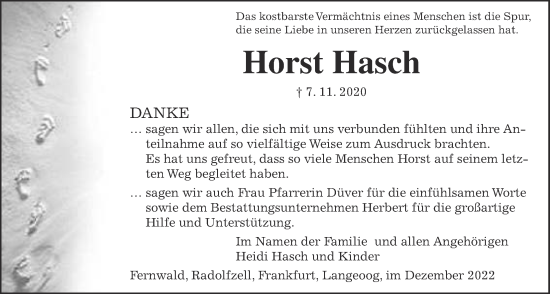 Traueranzeige von Horst Hasch von Giessener Anzeiger, Giessener Allgemeine, Alsfelder Allgemeine