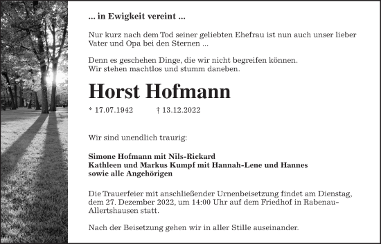 Traueranzeige von Horst Hofmann von Giessener Anzeiger