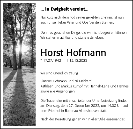 Traueranzeige von Horst Hofmann von Rabenauer Zeitung
