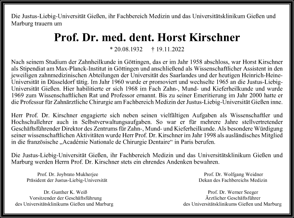  Traueranzeige für Horst Kirschner vom 03.12.2022 aus Giessener Anzeiger, Giessener Allgemeine, Alsfelder Allgemeine