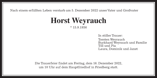 Traueranzeige von Horst Weyrauch von Wetterauer Zeitung