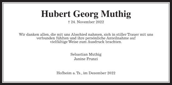 Traueranzeige von Hubert Georg Muthig 