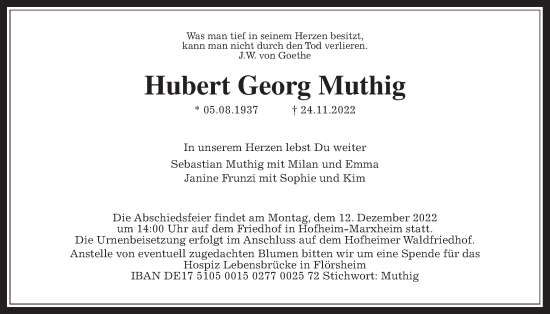 Traueranzeige von Hubert Georg Muthig 