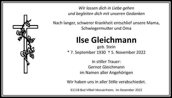 Traueranzeige von Ilse Gleichmann von Bad Vilbel/Karben