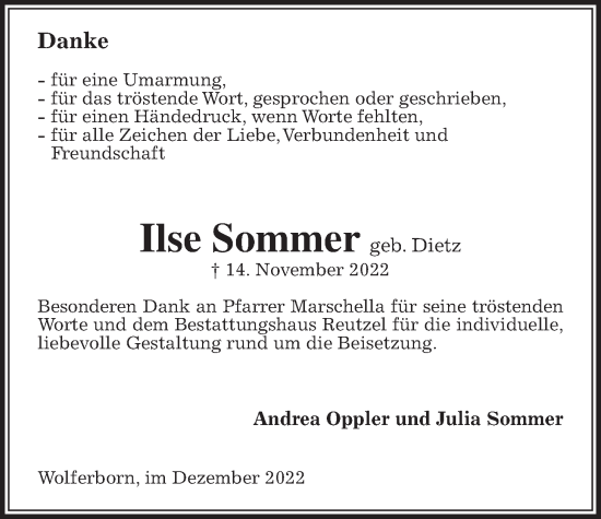 Traueranzeige von Ilse Sommer von Kreis-Anzeiger