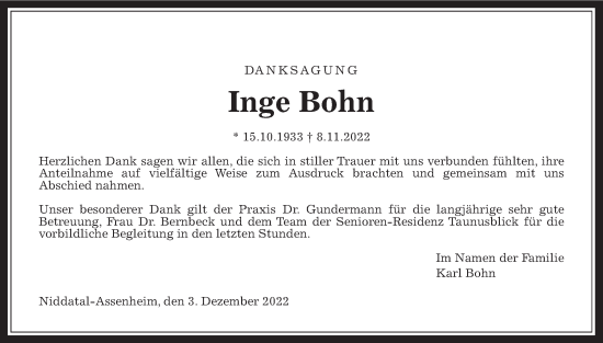 Traueranzeige von Inge Bohn von Wetterauer Zeitung