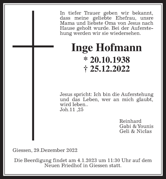 Traueranzeige von Inge Hofmann von Giessener Allgemeine, Alsfelder Allgemeine