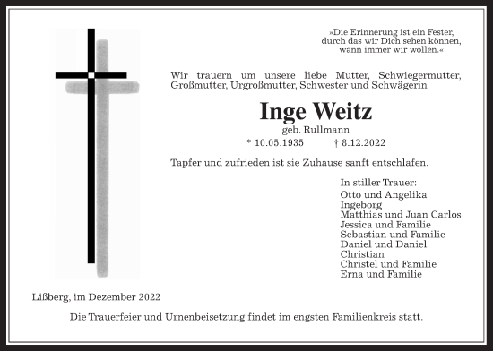 Traueranzeige von Inge Weitz von Kreis-Anzeiger