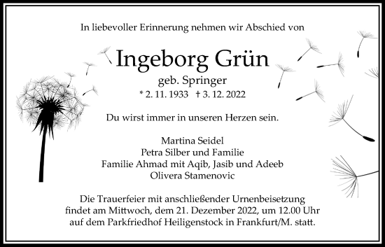 Traueranzeige von Ingeborg Grün von Bad Vilbel/Karben