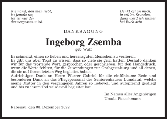 Traueranzeige von Ingeborg Zsemba von Rabenauer Zeitung