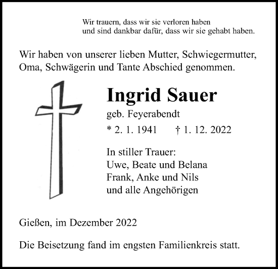 Traueranzeige von Ingrid Sauer von Giessener Allgemeine, Alsfelder Allgemeine, Giessener Anzeiger
