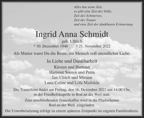 Traueranzeige von Ingrid Anna Schmidt von Usinger Anzeiger